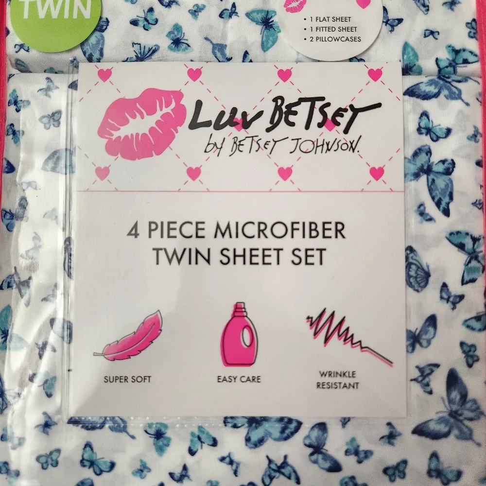Luv Betsey by Betsey Johnson 4pc TWIN Sheet Set White Blue Butterfly Print